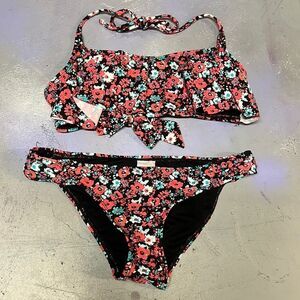 Small Black + Pink Bandeau Losan Floral Flounce Bikini